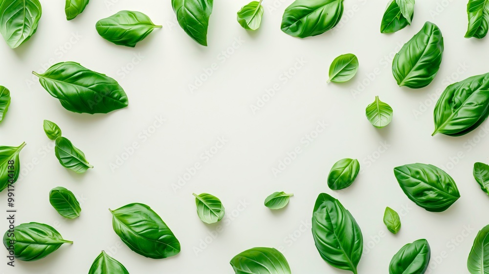 A pattern of fresh basil leaves flying against a white background creates a vibrant design. This leaf frame is perfect for culinary advertising, or as a natural touch in vegetarian-themed projects. A pattern of fresh basil leaves flying against a white background creates a vibrant design. This leaf frame is perfect for culinary advertising, or as a natural touch in vegetarian-themed projects.