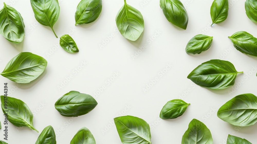 A pattern of fresh basil leaves flying against a white background creates a vibrant, aromatic design. Perfect for culinary advertising, menus, or as a natural touch in vegetarian-themed projects. A pattern of fresh basil leaves flying against a white background creates a vibrant, aromatic design. Perfect for culinary advertising, menus, or as a natural touch in vegetarian-themed projects.