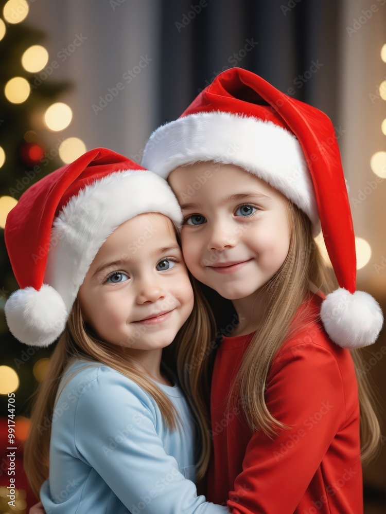 Beautiful girls in Christmas hats hugging Beautiful girls in Christmas hats hugging
