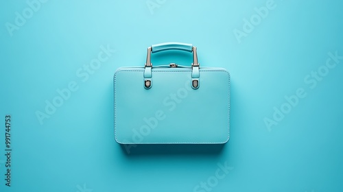 Blue leather briefcase on a blue background.