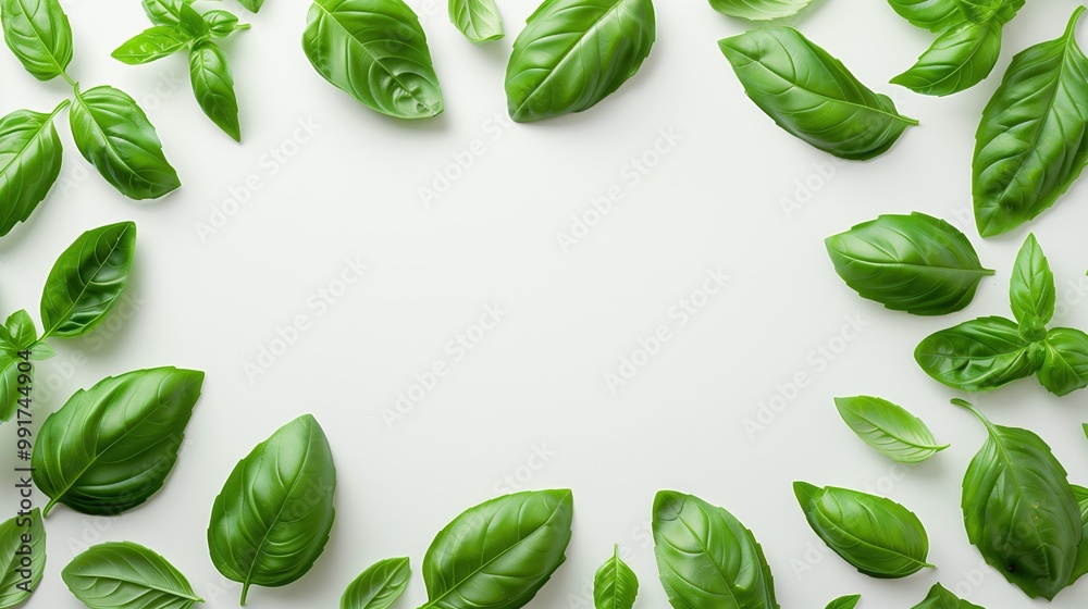 A pattern of fresh basil leaves flying against a white background creates a vibrant design. This leaf frame is perfect for culinary advertising, or as a natural touch in vegetarian-themed projects. A pattern of fresh basil leaves flying against a white background creates a vibrant design. This leaf frame is perfect for culinary advertising, or as a natural touch in vegetarian-themed projects.