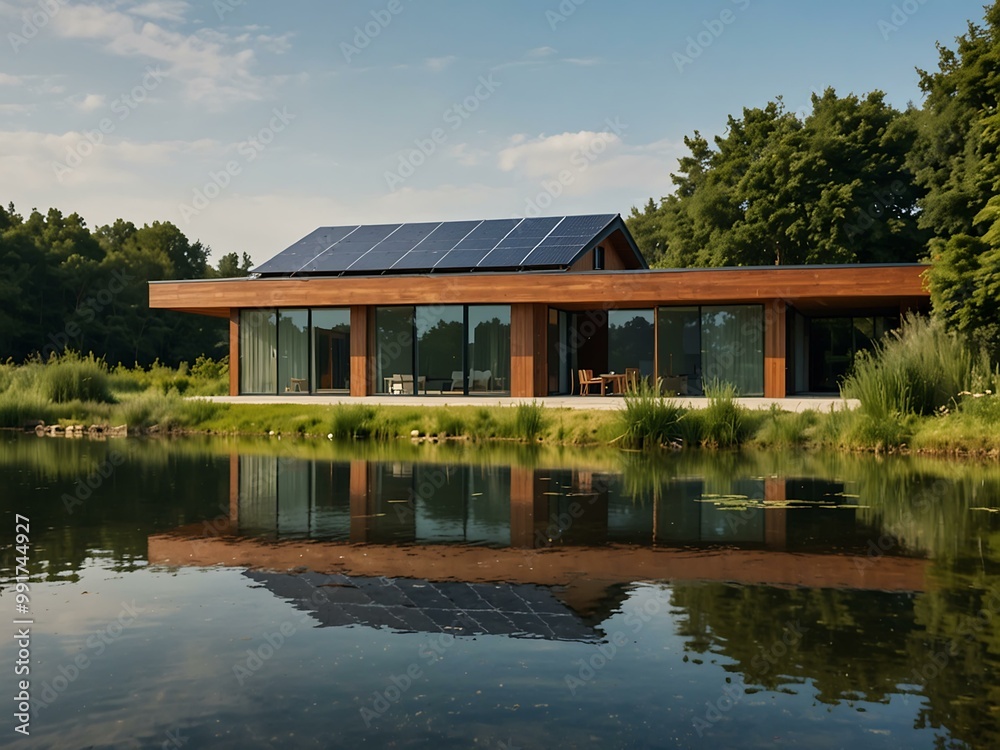 Modern house with solar panels and a pond. Modern house with solar panels and a pond.