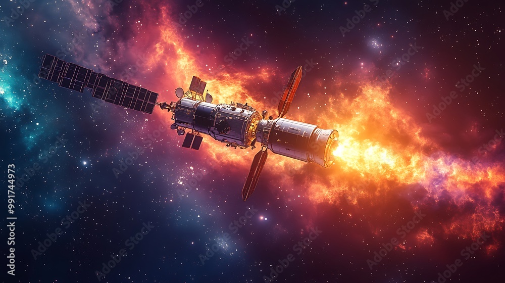Obraz premium A spacecraft with a bright fiery trail behind it travels through space with a nebula in the background.