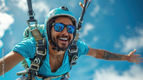 Happy man flying in the sky with a parachute. Tourist with a parachute flying in the sky