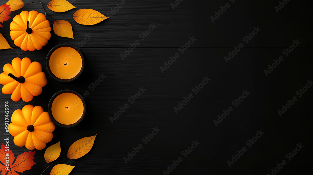 Fototapeta premium ozy autumn arrangement with orange candles, pumpkin, and colorful fall leaves on dark background perfect for Thanksgiving, Halloween, or seasonal greeting card designs