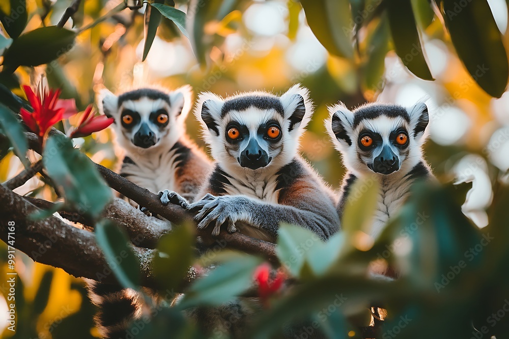 Fototapeta premium Three ring tailed lemurs sitting on a branch