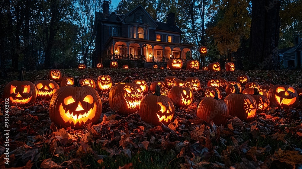   A cluster of pumpkins glowed brilliantly in front of a house filled with jack-o'-lanterns