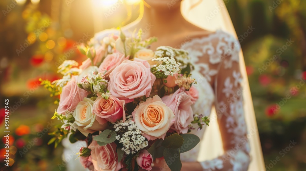 Joyful outdoor wedding ceremony featuring a smiling bride holding a bouquet of roses, celebrating love, commitment, and a bright future amidst a floral setting Joyful outdoor wedding ceremony featuring a smiling bride holding a bouquet of roses, celebrating love, commitment, and a bright future amidst a floral setting