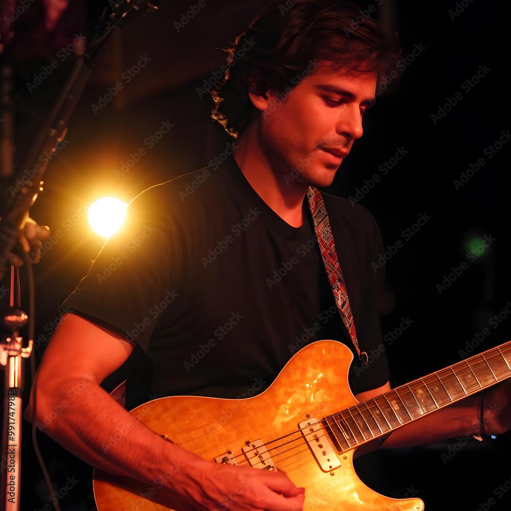 Obraz premium A musician plays an electric guitar on stage, illuminated by warm light