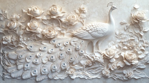 White Peacock and Roses 3D Wall Sculpture