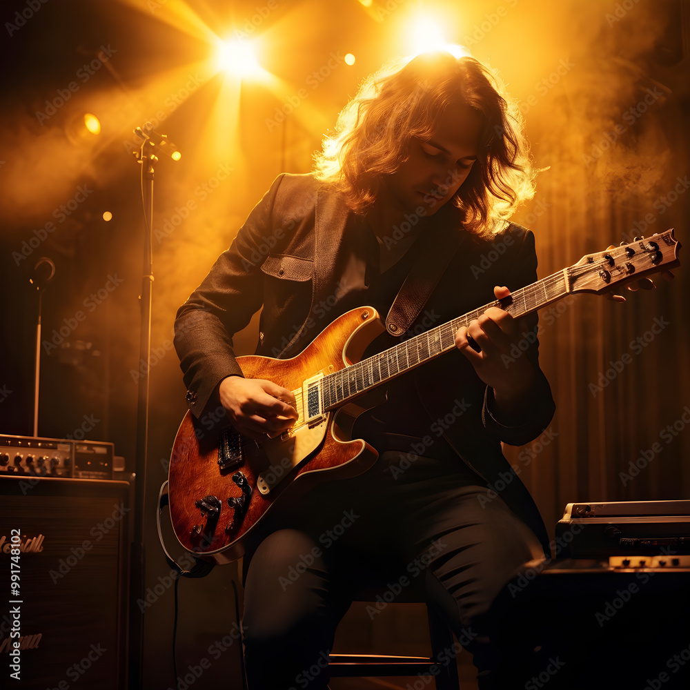 Obraz premium A musician plays an electric guitar on stage, illuminated by warm light