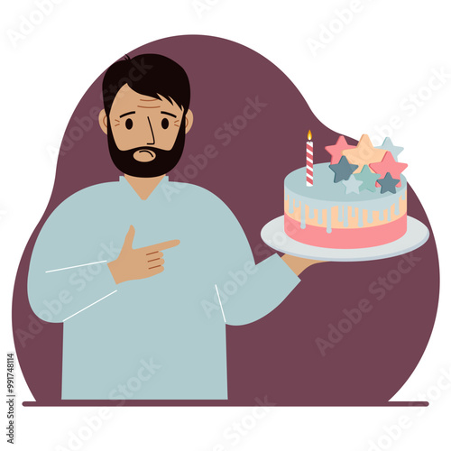 A man celebrates a birthday or some event. A man with a birthday cake with a candle.