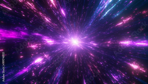 Neon speed rays abstract background. A burst of pink light energy. The movement of luminous purple rays in space.