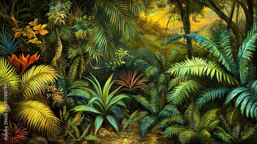   A vibrant jungle painting featuring lush foliage and towering trees in the foreground, set against a radiant yellow sky in the backdrop