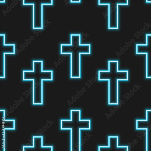 Blue christian neon crosses on black background. Vector seamless pattern.