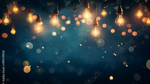Glowing string lights are hanging on a fir tree branch, creating a magical christmas atmosphere with a blurred sparkling background