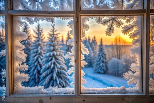 Frosted window overlooking snowy forest at sunrise