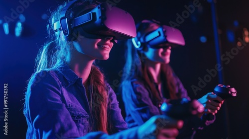 Man and woman playing game using virtual reality headset and gamepads in the dark room of the playing club