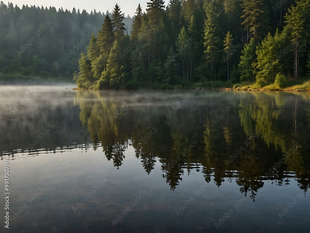 Morning fog over a forest lake in Czlopa. Morning fog over a forest lake in Czlopa.