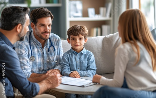 A doctor sits with a young boy and his parents, reviewing medical documents, a scene filled with attentiveness and care.