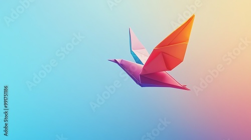 Colorful origami bird flying against a blue and yellow gradient background.