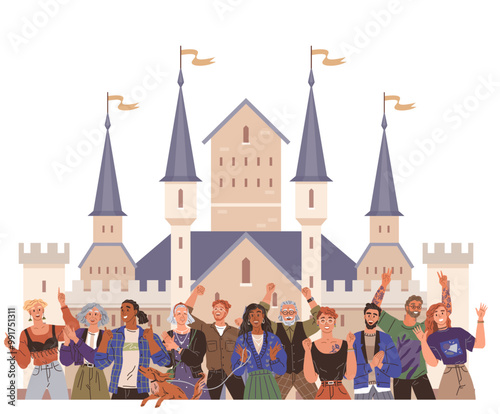 Group of people in diverse fantasy attire standing in front of a medieval-style castle with towers and flags. Ideal for diversity, community, celebration, fantasy, and medieval themes. Illustrated in photo