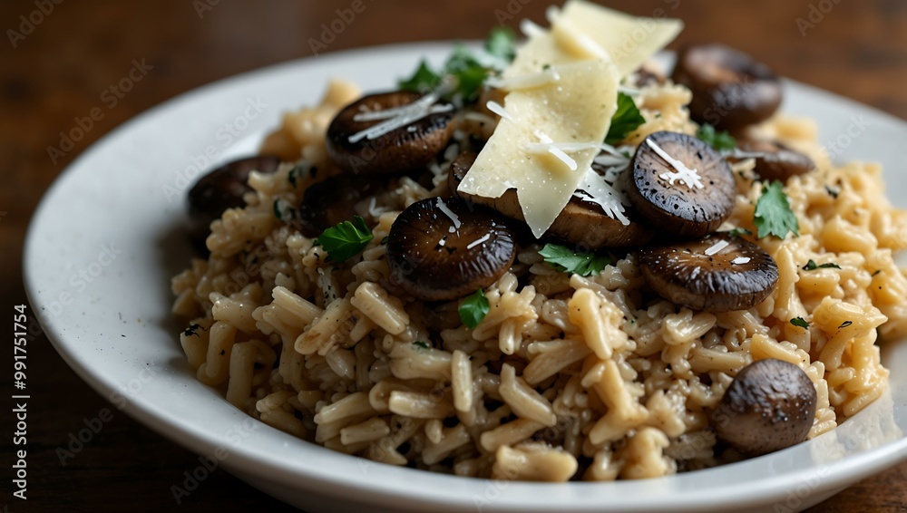Mushroom risotto topped with Parmesan cheese. Mushroom risotto topped with Parmesan cheese.