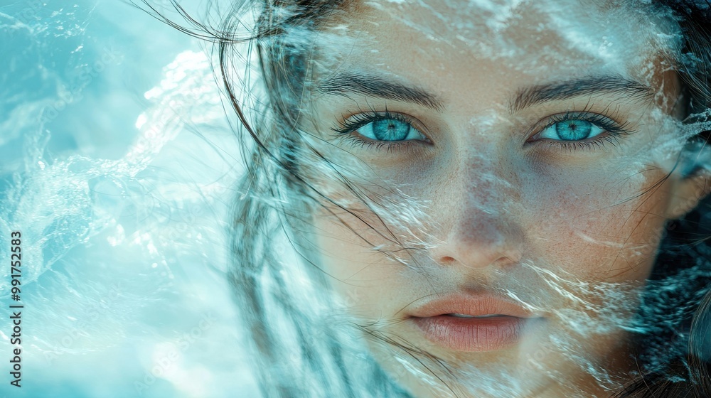 Close-up portrait of a woman with flowing hair and intense blue eyes amidst a dreamy, ethereal atmosphere Close-up portrait of a woman with flowing hair and intense blue eyes amidst a dreamy, ethereal atmosphere