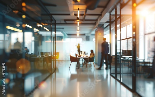 Wallpaper Mural Blurred office interior with glass partitions and modern lighting. Corporate environment and workplace design concept. Design for wallpaper, poster, and banner. Torontodigital.ca
