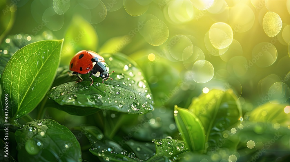 Close-up of a vibrant ladybug resting on a dew-covered leaf, illuminated by soft sunlight, creating a peaceful nature scene.
Close-up of a vibrant ladybug resting on a dew-covered leaf, illuminated by soft sunlight, creating a peaceful nature scene.