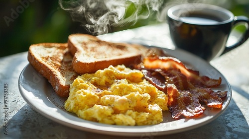  eggs, bacon, toast, and coffee on a table, with a cup of coffee in the background