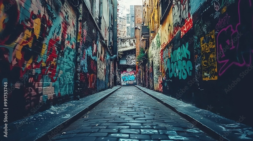 Fototapeta premium A cobblestone path with colorful murals adorning its walls leads to a dead-end