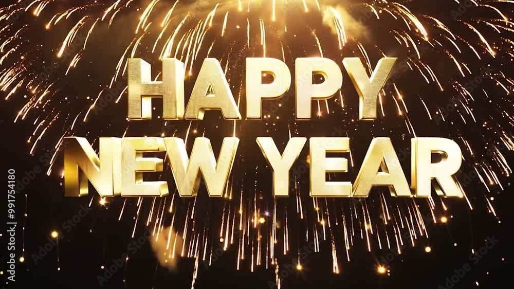 Golden 3d text wishing a happy new year bursts over a dark background, accompanied by sparkling fireworks, creating a vibrant and festive atmosphere for celebrations