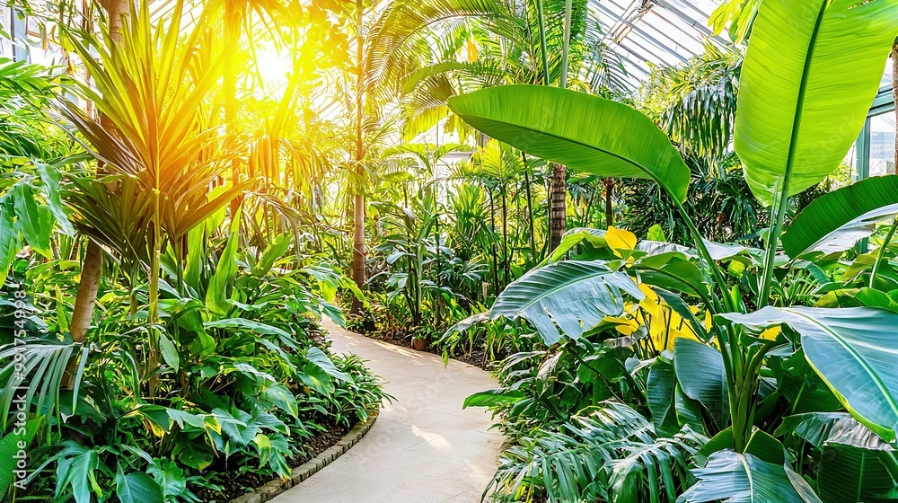 A palm tree-lined pathway in a lush tropical garden, bathed in sunlight filtering through the foliage A palm tree-lined pathway in a lush tropical garden, bathed in sunlight filtering through the foliage