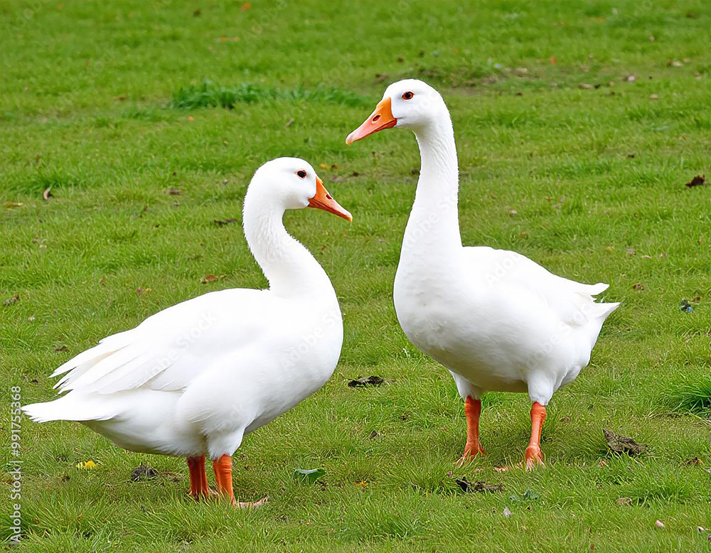 Two white ducks standing on a grassy field Two white ducks standing on a grassy field