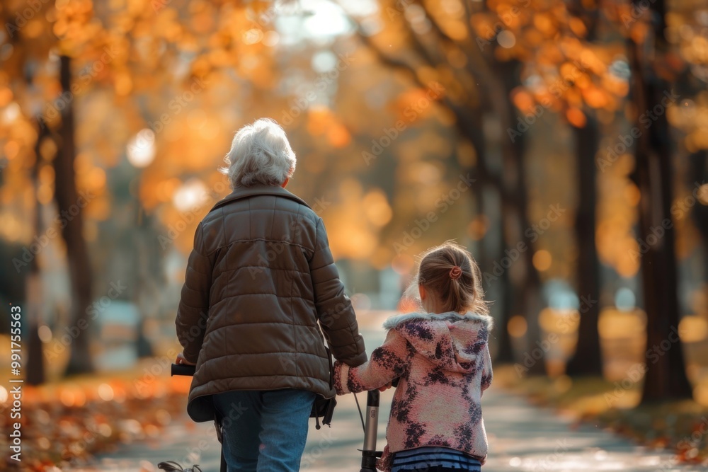 A woman and a young girl walking together on a sunny day, surrounded by nature A woman and a young girl walking together on a sunny day, surrounded by nature