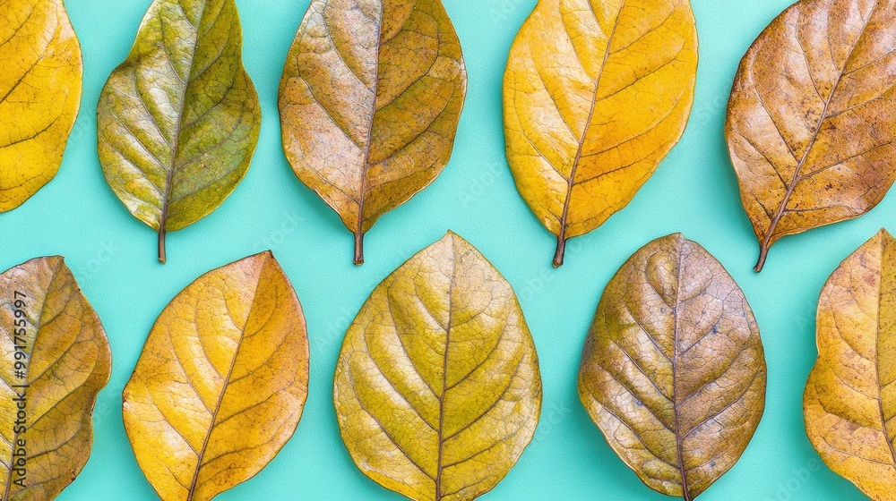 Obraz premium A cluster of varying hue foliage resting atop a cerulean backdrop, featuring a solitary verdant centerpiece