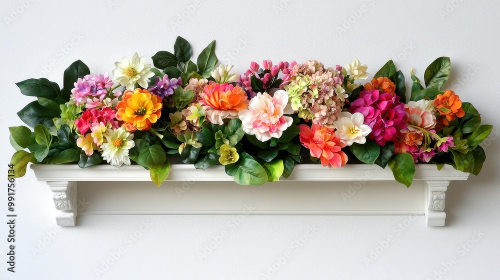 A charming white display shelf featuring an array of multicolored flowers and rich green leaves A charming white display shelf featuring an array of multicolored flowers and rich green leaves