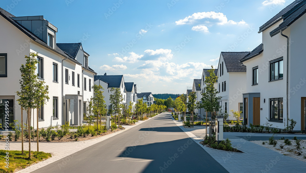 A modern new development in Germany, with suburban houses featuring beautiful landscaping and roads with pavements A modern new development in Germany, with suburban houses featuring beautiful landscaping and roads with pavements