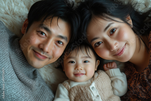 Happy Asian family portrait with smiling parents and cute baby on cozy blanket looking at camera