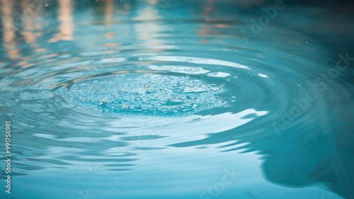 A photo of a clear, calm water body with a blue hue. The water has ripples on the surface, with some visible splashes and bubbles. The background contains a reflection of the surrounding environment. 