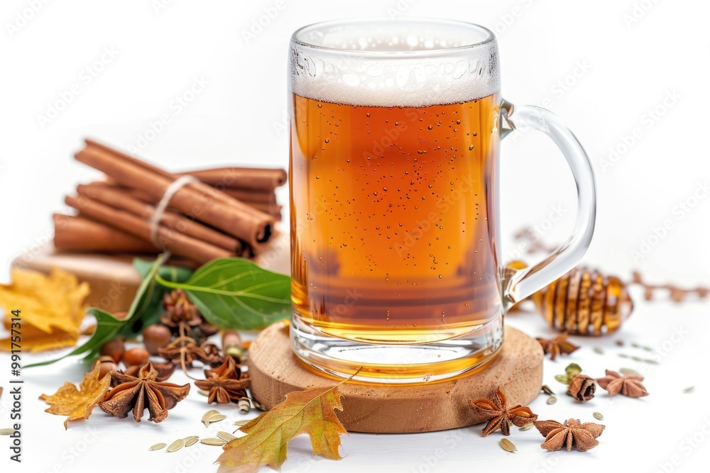 A warm glass of beer with cinnamon sticks and anise stars added for flavor A warm glass of beer with cinnamon sticks and anise stars added for flavor