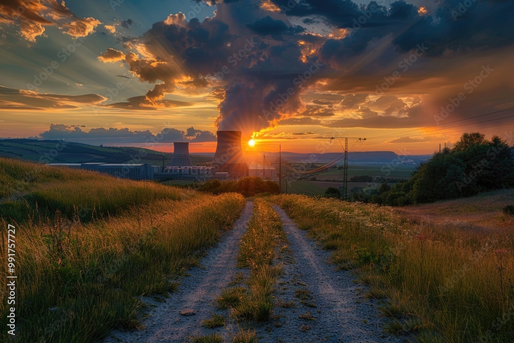 A dirt road leading to a power plant at sunset, with orange and pink hues in the sky A dirt road leading to a power plant at sunset, with orange and pink hues in the sky