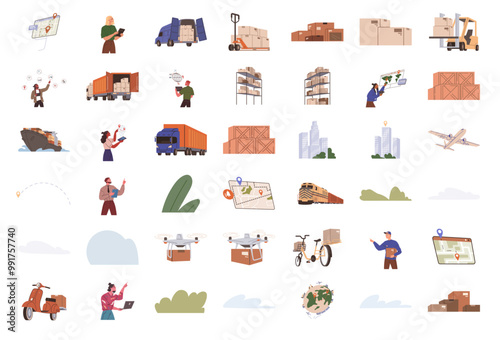 Logistic, delivery and warehouse isolated icon. Set of transport, mark on map, way, cargo, container, tracking package, warehouse robot, forklift truck, port crane, boxes, transportation vector icon