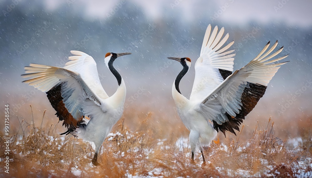 Bird behaviour in the nature grass habitat. Dancing pair of Red-crowned crane with open wing Bird behaviour in the nature grass habitat. Dancing pair of Red-crowned crane with open wing