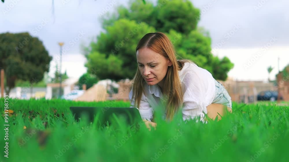 Businesswoman Work on Laptop While Reclining on Grass in Park Showcases Harmony Between Nature and Technology in Lively, Uplifting Environment Businesswoman Work on Laptop While Reclining on Grass in Park Showcases Harmony Between Nature and Technology in Lively, Uplifting Environment