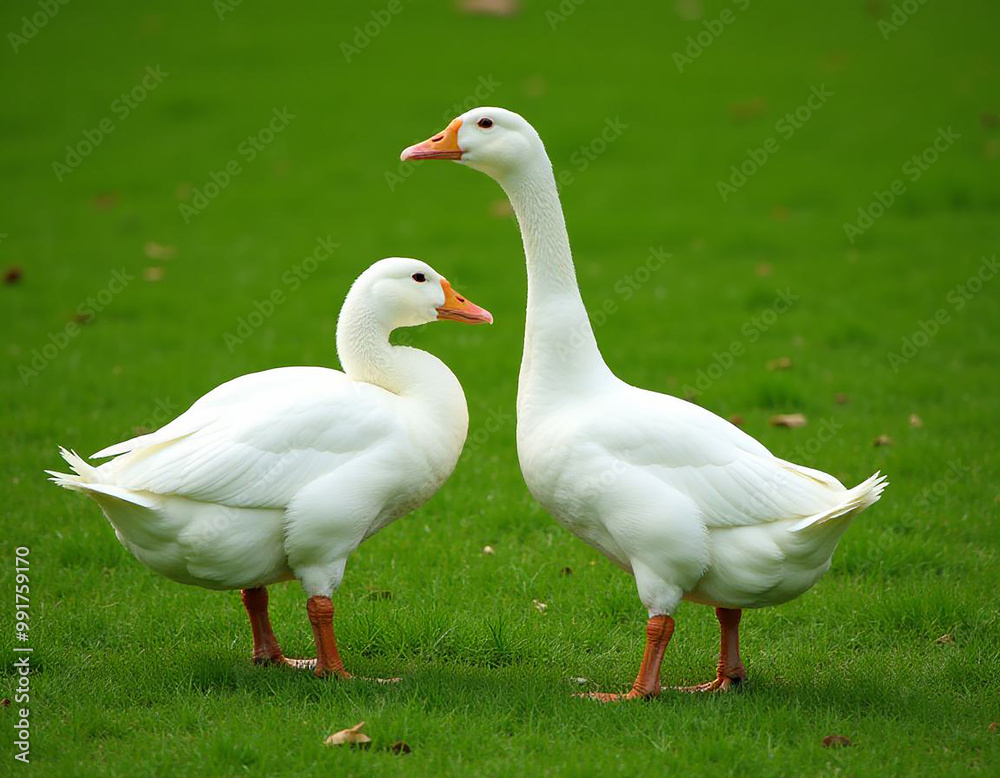 Two white ducks standing on a grassy field Two white ducks standing on a grassy field