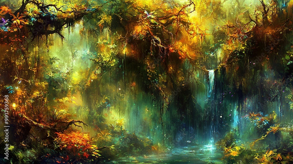Fototapeta premium Painting of a waterfall surrounded by trees and plants