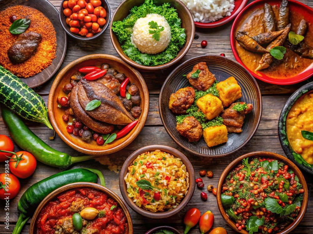 A Vibrant Display of Traditional Ghanaian Dishes Featuring Colorful Ingredients and Unique Flavors A Vibrant Display of Traditional Ghanaian Dishes Featuring Colorful Ingredients and Unique Flavors