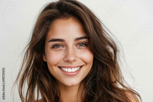 Dark brown hair woman portrait on white background, focusing on beauty and wellness.